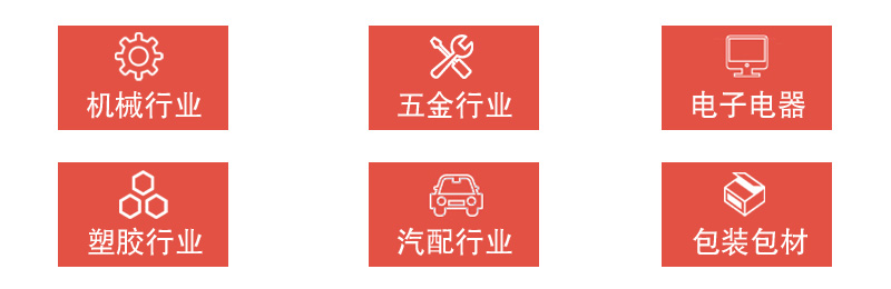 機(jī)械行業(yè)，五金行業(yè)，電子電器，塑膠行業(yè)，汽配行業(yè)，包裝包材